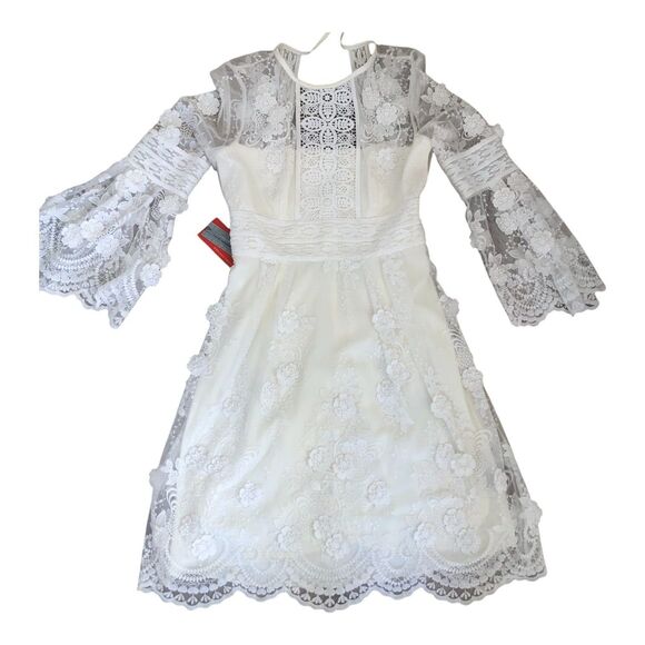 MONIQUE L HUILLIER White Lace Bell-Sleeve Tiered Bridal Party Dress 4P‎ NWT $500 - Picture 8 of 16